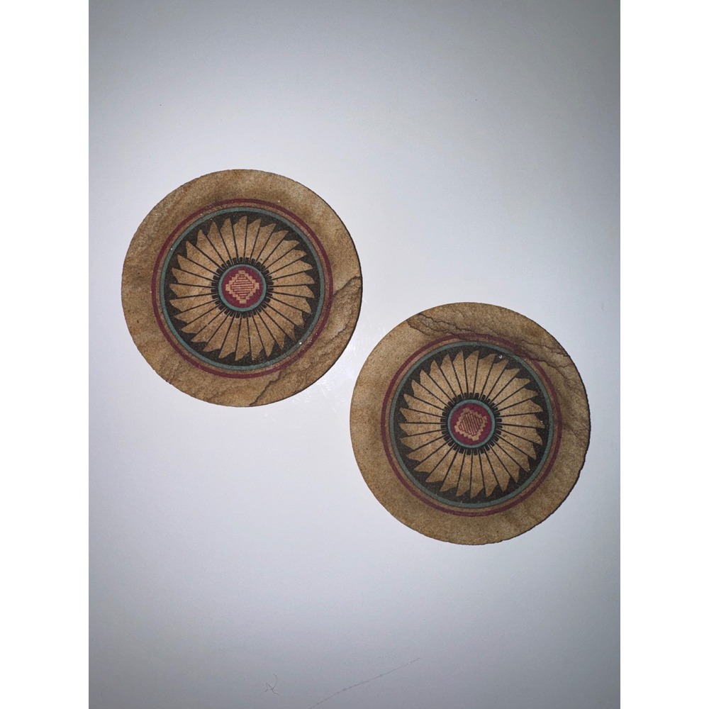 Southwestern Stone Coasters Set of 2 Round Geometric Sunburst Cork Back 4 Inch
